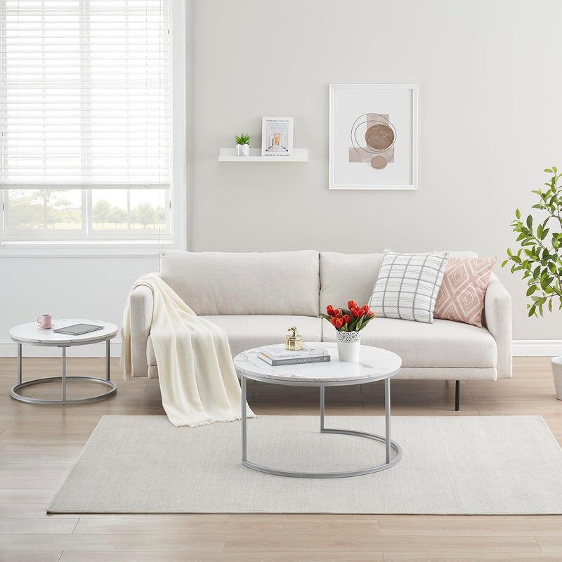 hitsuki Couchtisch, Marmor Couchtisch Silber, Couchtisch Rund 2er Set, Wohnzimmertisch weiss aus Met