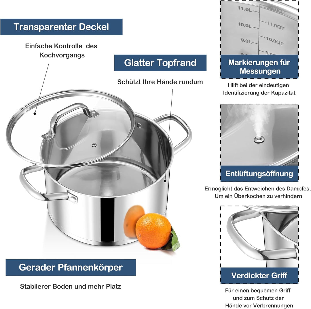 Joyfair 20cm Kochtopf, 3-Lagiger Boden Edelstahl Topf mit Glasdeckel, Suppentopf Induktion für alle