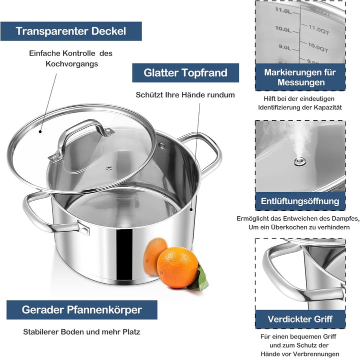 Joyfair 20cm Kochtopf, 3-Lagiger Boden Edelstahl Topf mit Glasdeckel, Suppentopf Induktion für alle