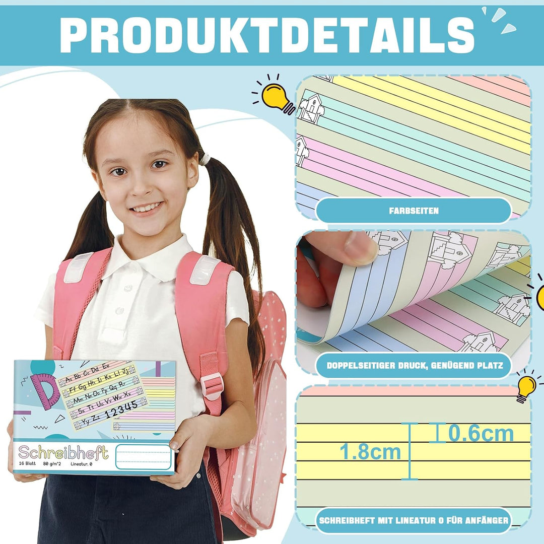 10 Stück Farbe Schreibheft A5 Quer Lineatur 0 für 1. Schuljahr Lernheft Schreiblernheft Notizbuch fü