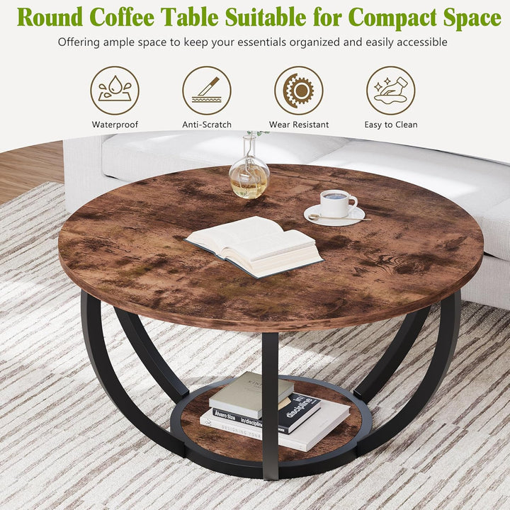 HOMERECOMMEND Round Coffee Table,Couchtisch Rund,2 stufiger Couchtisch mit Lagerung Regale,Wohnzimme