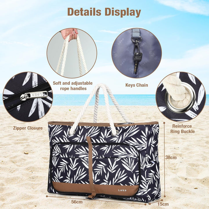 Lekespring Strandtasche Damen Gross mit Reissverschluss, Vielseitiger Damen Shopper Badetasche Sauna