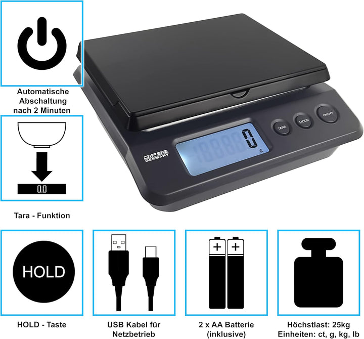Dipse Parcel 25/20 / 10 kg - Digitale Paketwaage Briefwaage mit USB- oder Batteriebetrieb und 2g / 1