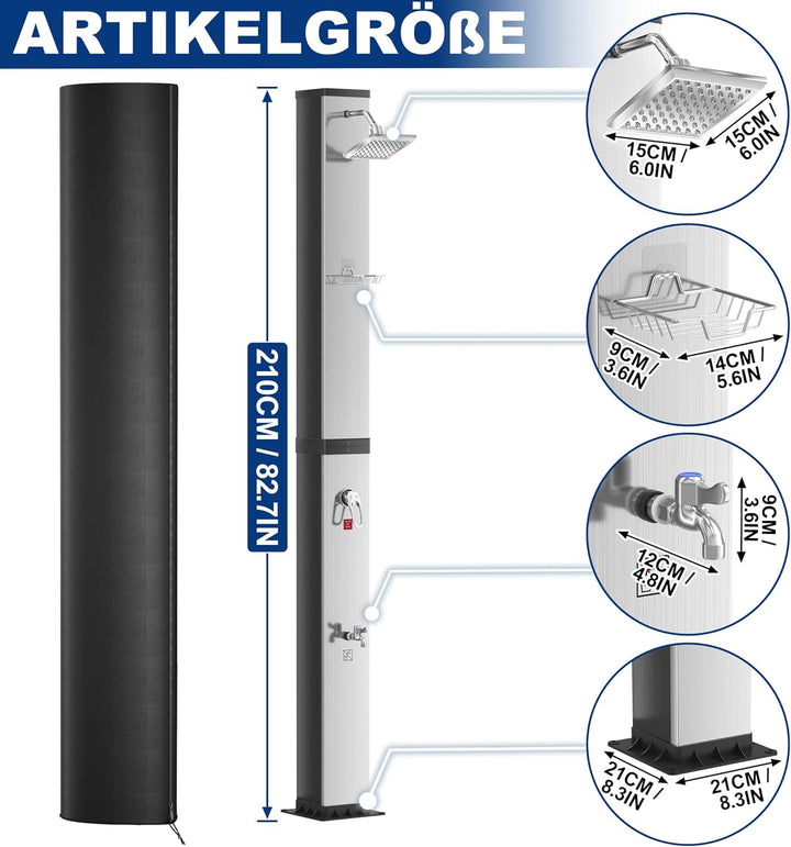AufuN Solardusche Gartendusche 40L mit Chrom & Edelstahl, Warmwasser bis 60°C ohne Strom, 15cm Dusch