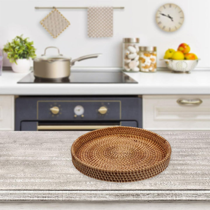 Rundes Handgeflochtenes Rattan Tablett 30cm aus Weide Flacher Aufbewahrungskorb für Küche Couchtisch