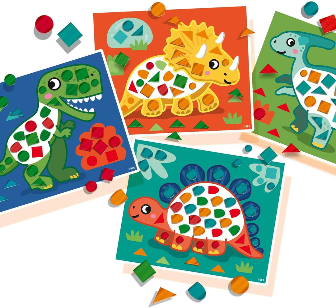 SES Creative 14830 Dinosaurier Mosaik Lernset für Kinder - Mit 4 grossen Metallic-Mosaikkarten ab 3