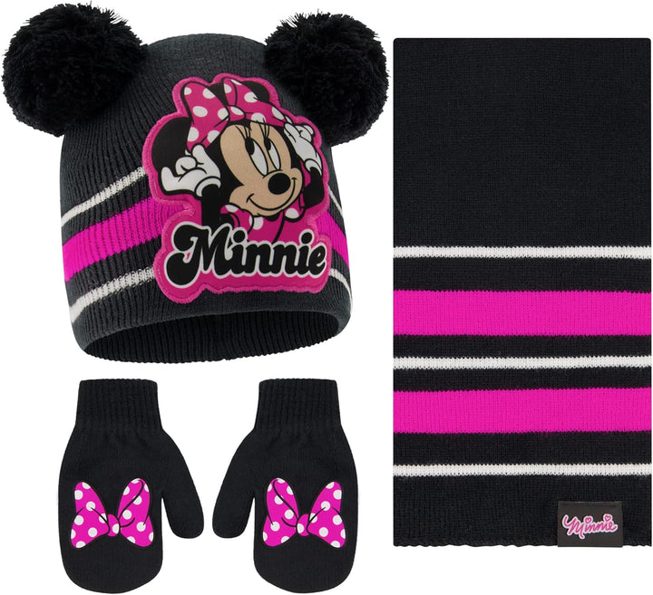 Disney Girls Winter Hat, Minnie Mouse Kids Beanie, Gloves and Scarf Set, Black Mittens-Age 2-4