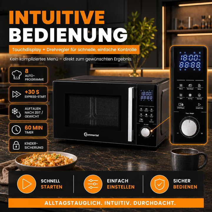 4in1 Mikrowelle Schwarz - Grill, Heissluft-Fritteuse, Konvektion -2200 W, 8 Programme, 60 Min Timer,