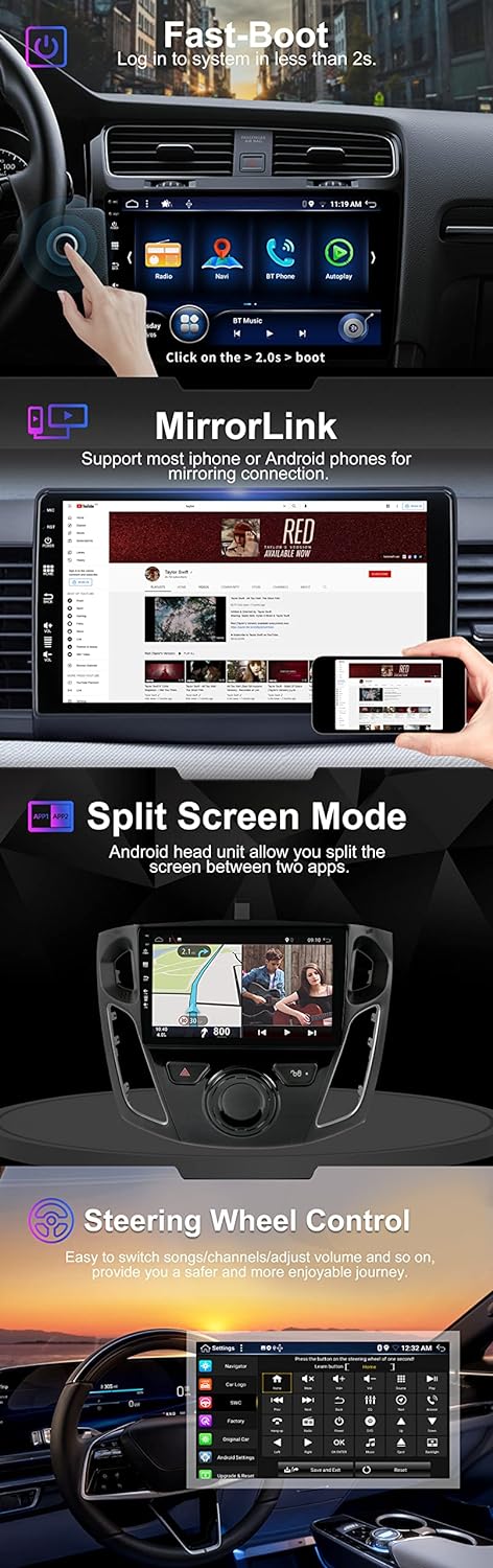 SXAUTO Android 12 IPS Autoradio Passt für Ford Focus (2012-2017) - Eingebaut Wireless Carplay/Androi