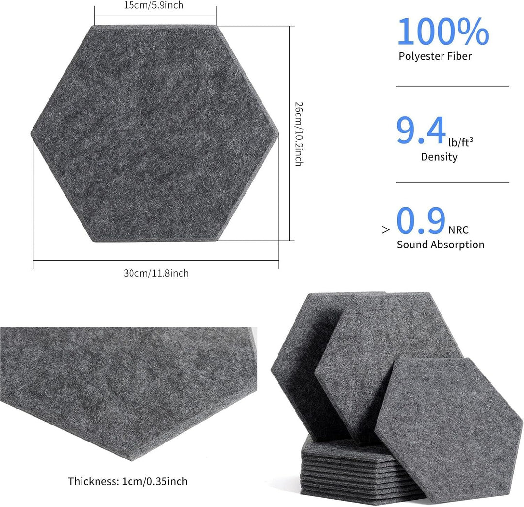 Rdutuok 12 Stück Akustik Panel,30x26x1cm Hexagon Akustik Absorber Schallschutzplatten Akustikpaneele