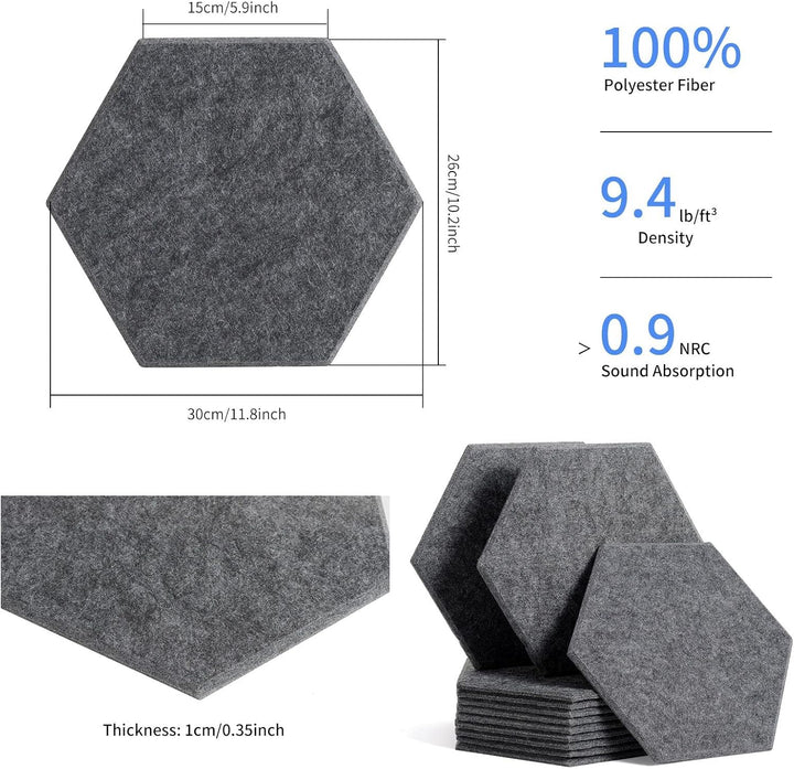 Rdutuok 12 Stück Akustik Panel,30x26x1cm Hexagon Akustik Absorber Schallschutzplatten Akustikpaneele