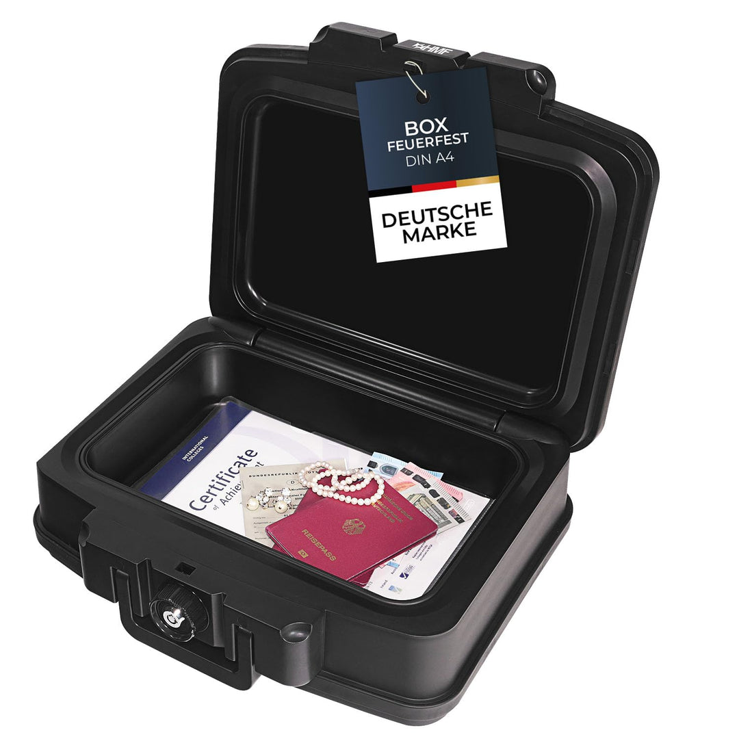 HMF 250452 Feuerfeste Wasserdichte Dokumentenbox | DIN A4 | 44,5 x 16,5 x 33 cm | schwarz