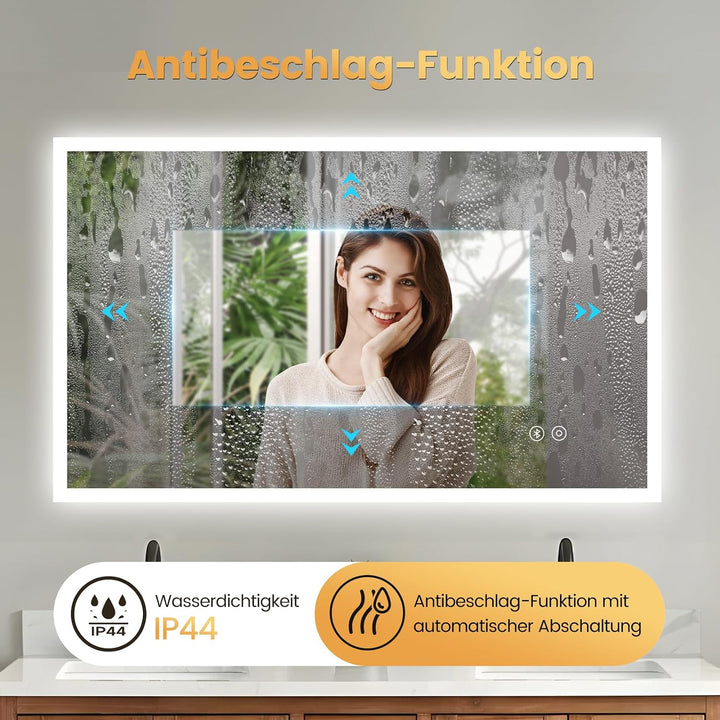 Dripex LED Badspiegel 100x60cm, Badezimmerspiegel mit Bluetooth und Steckdose 60L x 100B cm mit Blue