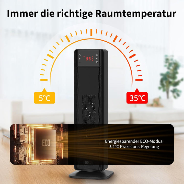 aeco EcoHeat Boost 58cm Energiesparend Heizlüfter mit Fernbedienung, 2000W LED ECO-Modus, 24H Timer,
