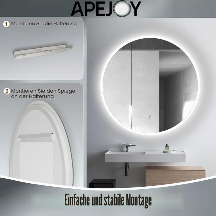 ApeJoy® runder LED Badspiegel ø80cm mit Beleuchtung, Badezimmerspiegel rund mit LED Beleuchtung, LED