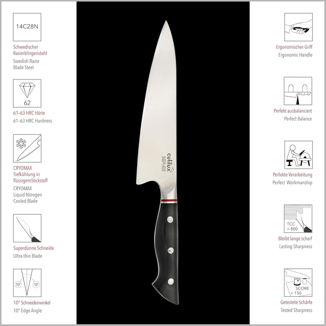 CULILUX Kobe N63 Kochmesser 20 cm extrem scharfes Profi Küchenmesser aus schwedischem 14C28N Edelsta