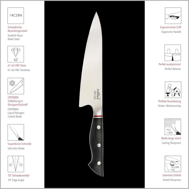 CULILUX Kobe N63 Kochmesser 20 cm extrem scharfes Profi Küchenmesser aus schwedischem 14C28N Edelsta