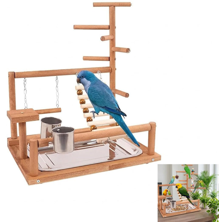Vogelspielzeug, Wellensittich aus Holz, Wellensittich Zubehör mit Futternäpfen aus Edelstahl, Tablet