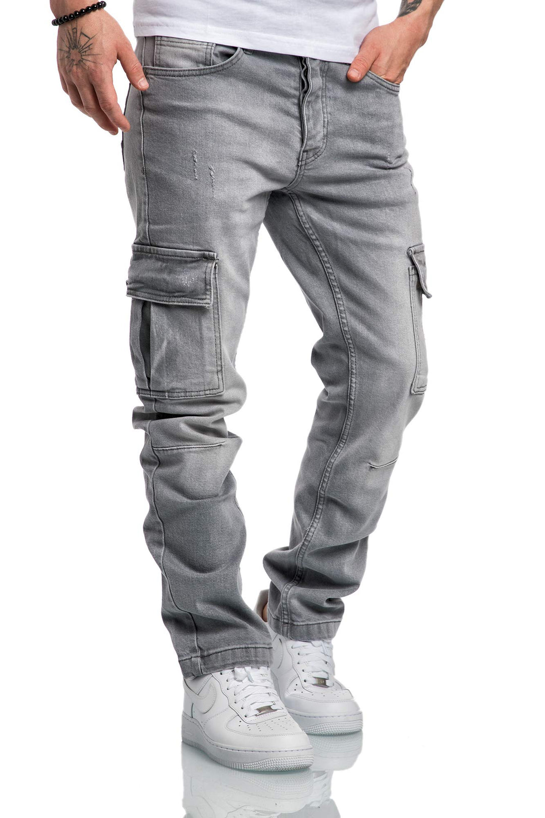 Amaci&Sons Herren Cargo Jeans Regular Slim Denim Hose Destroyed 7985 33W / 30L Hellgrau, 33W / 30L H