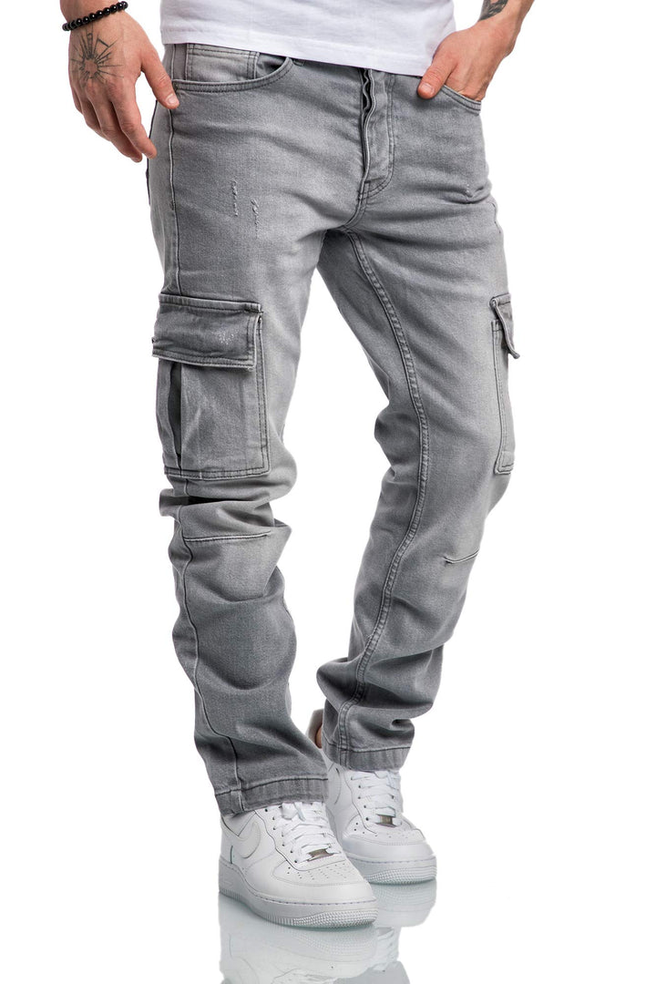 Amaci&Sons Herren Cargo Jeans Regular Slim Denim Hose Destroyed 7985 32W / 30L Hellgrau, 32W / 30L H