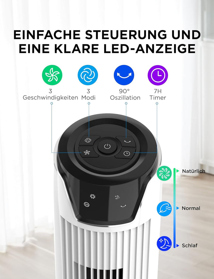 Midea FZ10-17JR(WH) Turmventilator Leise mit Fernbedienung 92CM, mobiler Lüfter,Ventilator Säulenven