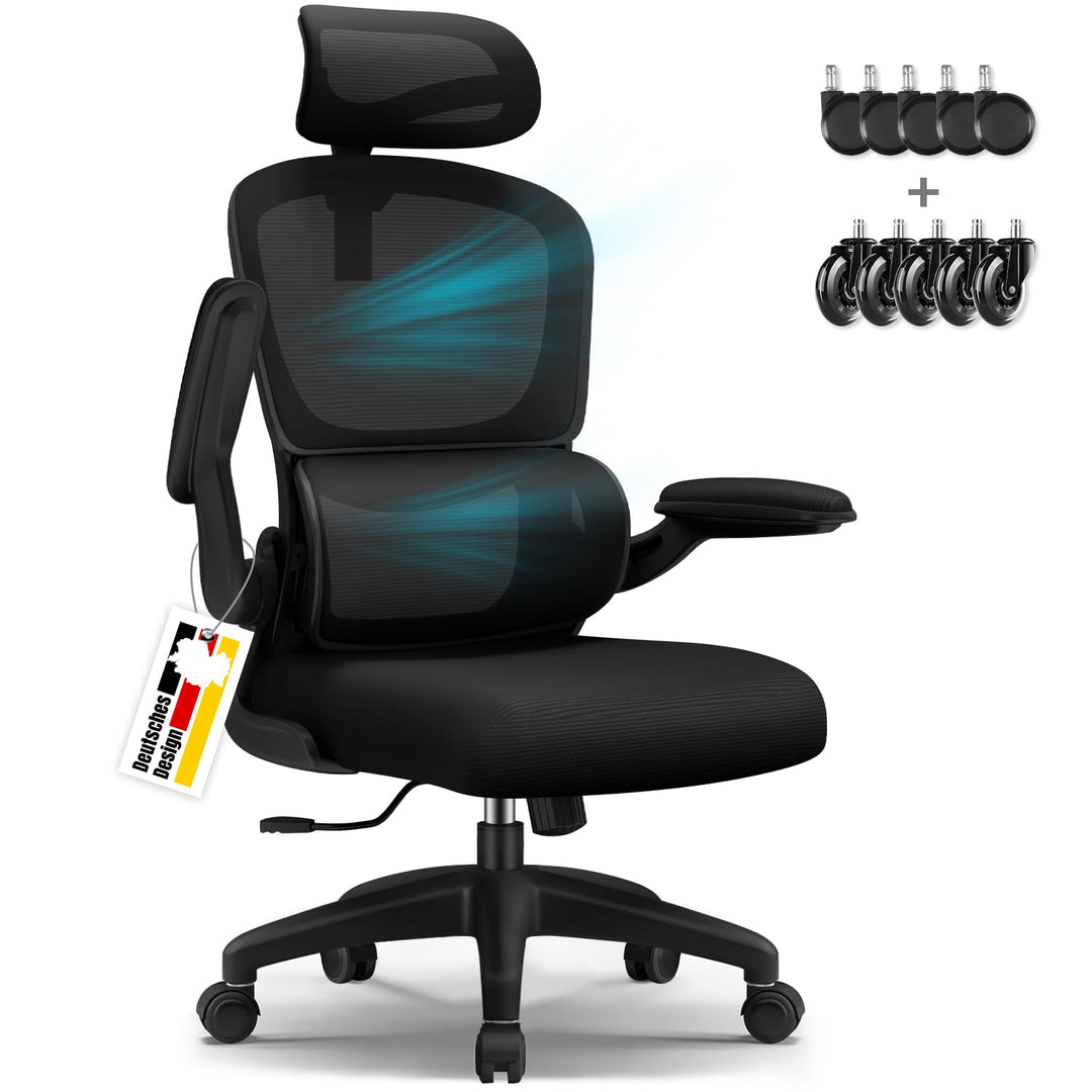 Bürostuhl, Bürostuhl Ergonomisch, Schreibtischstuhl mit 5D-Lendenwirbelstütze und Kopfstütze, 90° kl