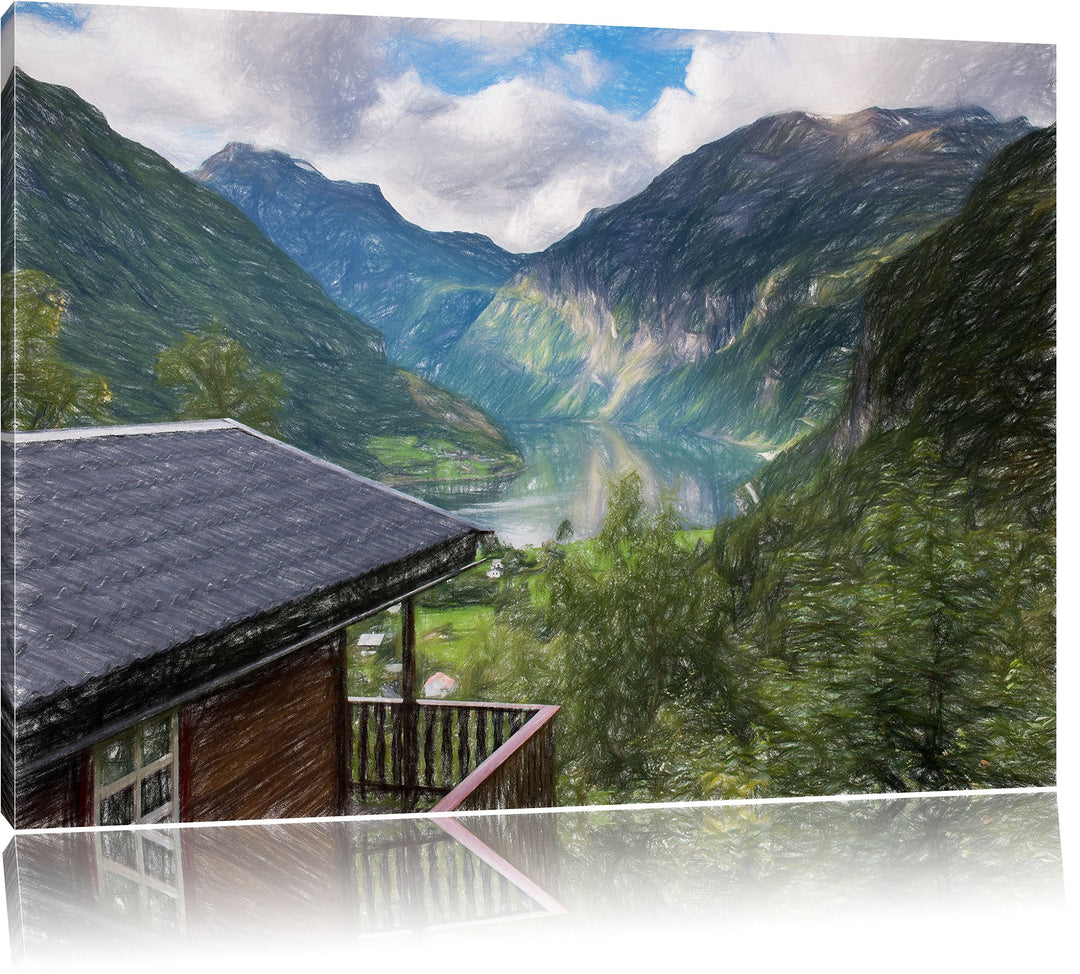 Pixxprint Hütte in schöner Umgebung Kunst Buntstift Effekt, Format: 100x70 auf Leinwand, riesige Bil