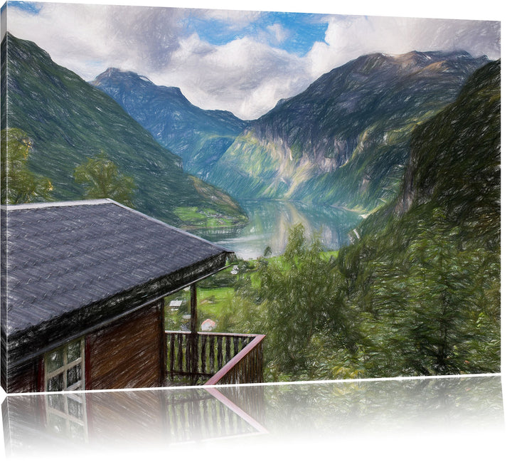 Pixxprint Hütte in schöner Umgebung Kunst Buntstift Effekt, Format: 100x70 auf Leinwand, riesige Bil