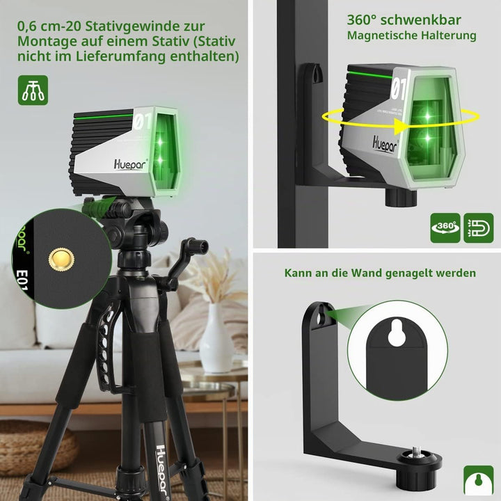 Huepar Laser Nivellier Selbstnivellierend Grüne Kreuzlinien-Laser Wiederaufladbare Laser Nivellierge