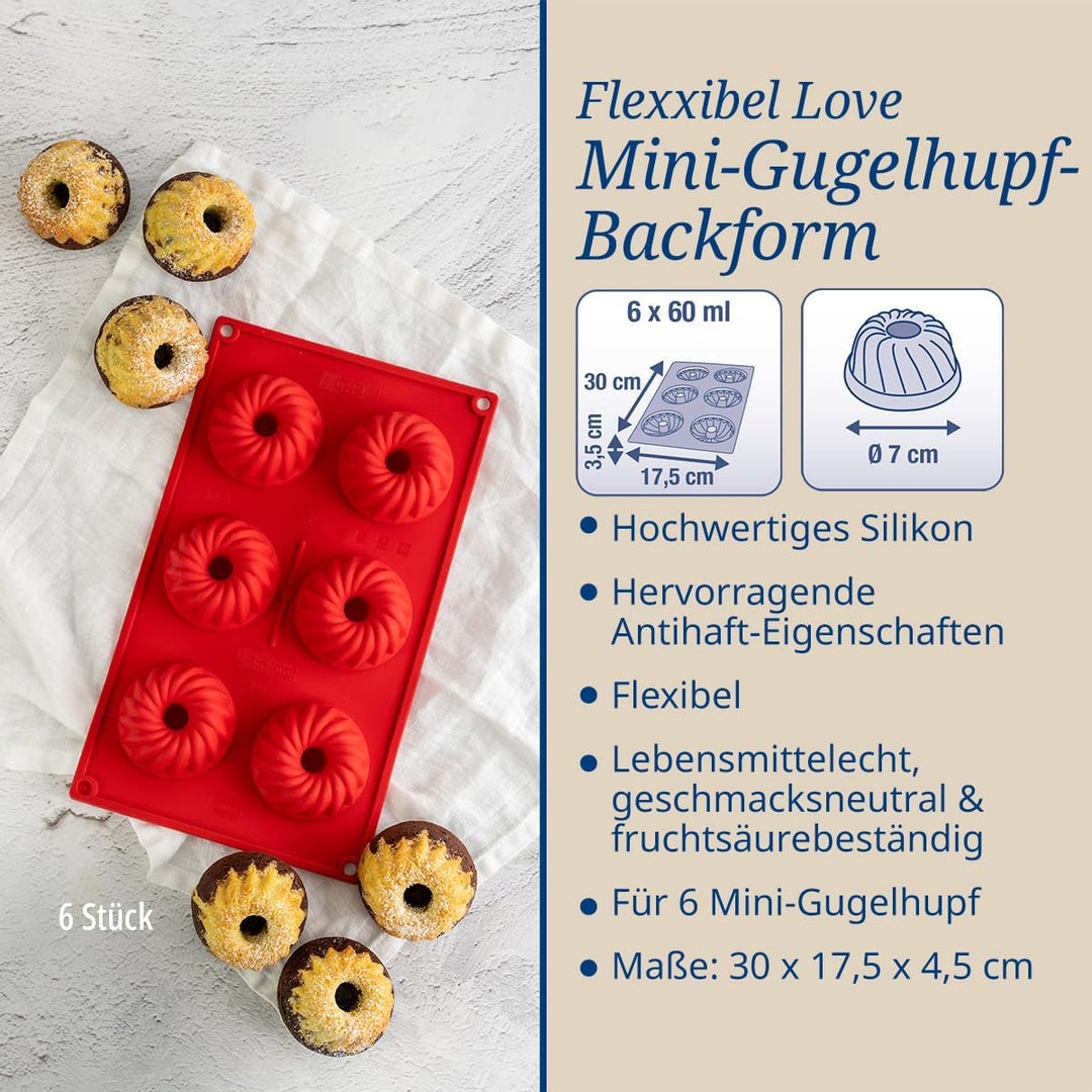 Dr. Oetker 1270 Mini Gugelhupfform 6-er Silikon Flexxibel, Gugelhupf Backform, für süsse Mini-Gugelh