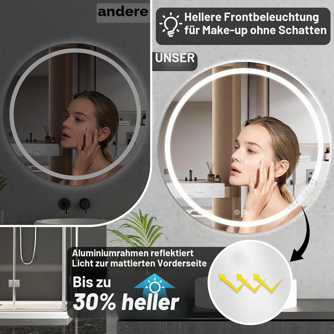 Badezimmerspiegel mit Beleuchtung, 80cm Runder Spiegel mit Beleuchtung, Wandspiegel mit Frontbeleuch
