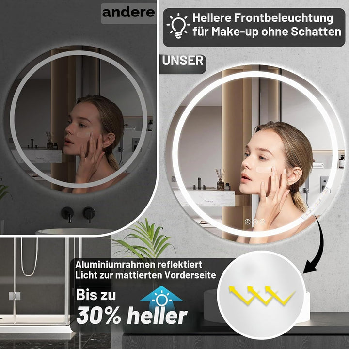 Badezimmerspiegel mit Beleuchtung, 80cm Runder Spiegel mit Beleuchtung, Wandspiegel mit Frontbeleuch