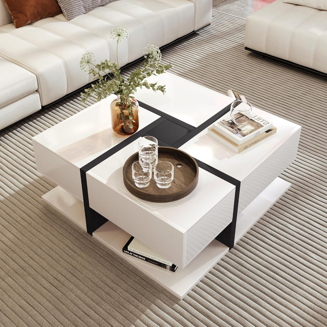 Merax Couchtisch Wohnzimmertisch mit 4 Schubladen Hochglanz, Modern Beistelltisch Kaffeetisch mit Zw