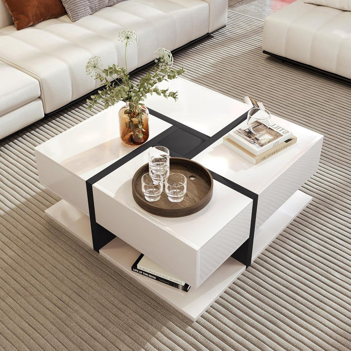 Merax Couchtisch Wohnzimmertisch mit 4 Schubladen Hochglanz, Modern Beistelltisch Kaffeetisch mit Zw