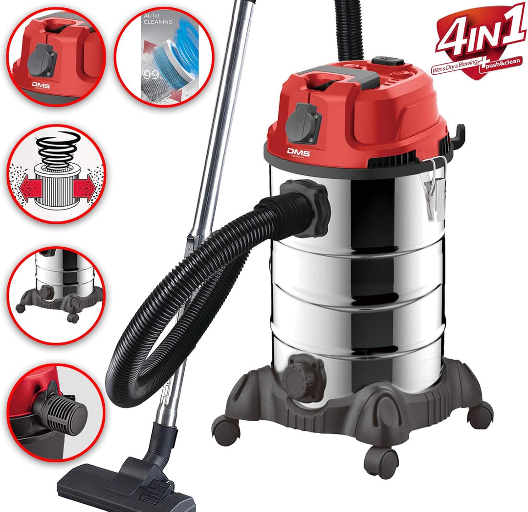 DMS Industriestaubsauger mit 2300 Watt | Nasssauger | Trockensauger | Edelstahl | Blasfunktion | Fil