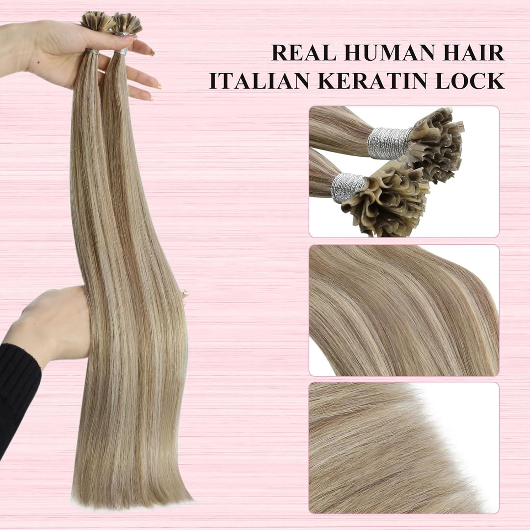 YoungSee Extensions Echthaar Bondings Blond 45cm Bonding Extensions Echthaar Hellbraun Highlight Pla