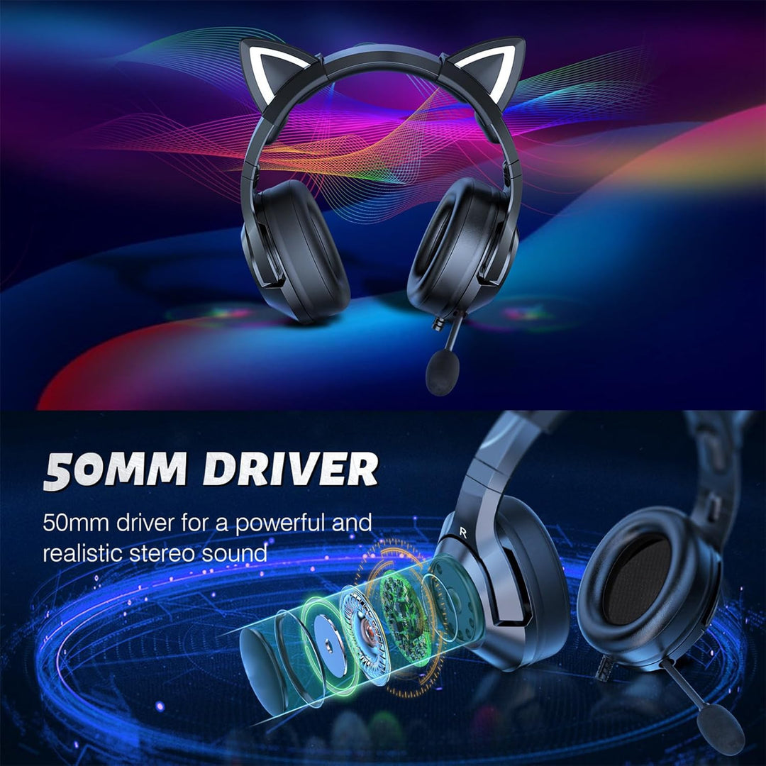 Gaming-Headset mit Mikrofon, abnehmbare Katzenohr-Kopfhörer, Katzenohr-Design mit RGB-Beleuchtung, V
