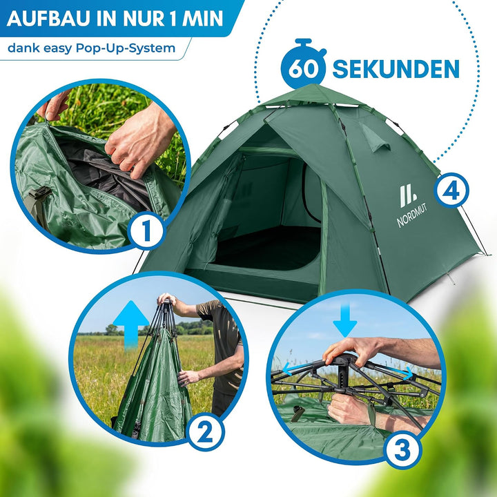 NORDMUT® Wurfzelt 2-4 Personen für blitzschnellen Aufbau – Pop Up Zelt 2-4 Personen wasserdicht &amp; UV