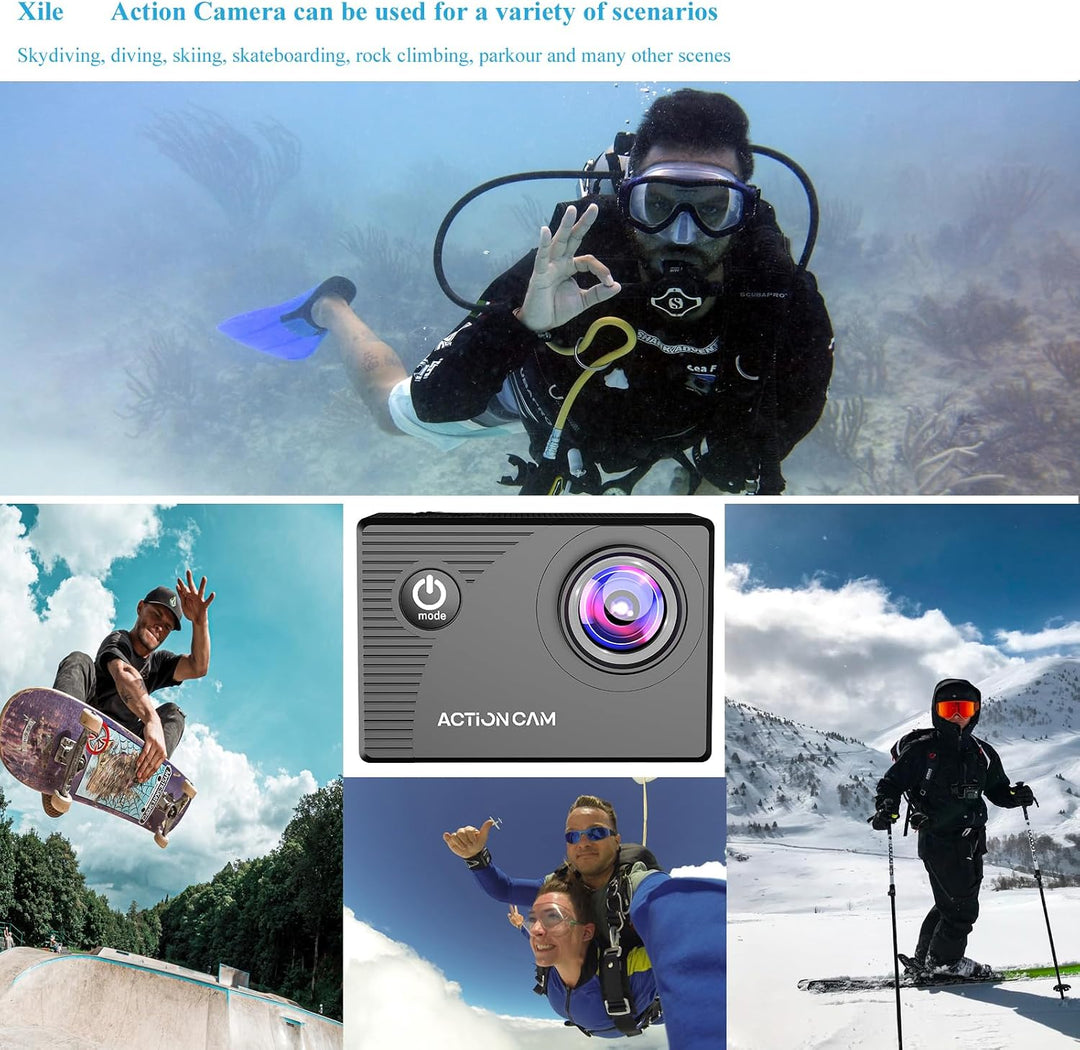Xilecam Action Camera, Wasserdicht bis 40 Meter mit Langer Akkulaufzeit Schwarz, Schwarz