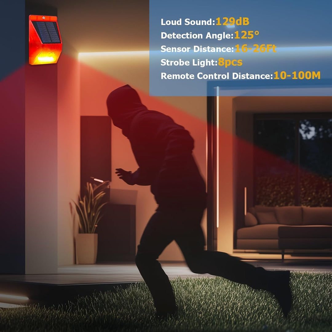 Solar Alarmanlage Blitz Hell mit Fernbedienung Bewegungsmelder Draussen Alarm Hell 129db Ton Sicherh