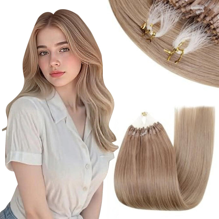 RUNATURE Extensions Micro Braun Ombre Echthaar Balayage Lang 55cm Micro Bead Hair Extensions Echthaa