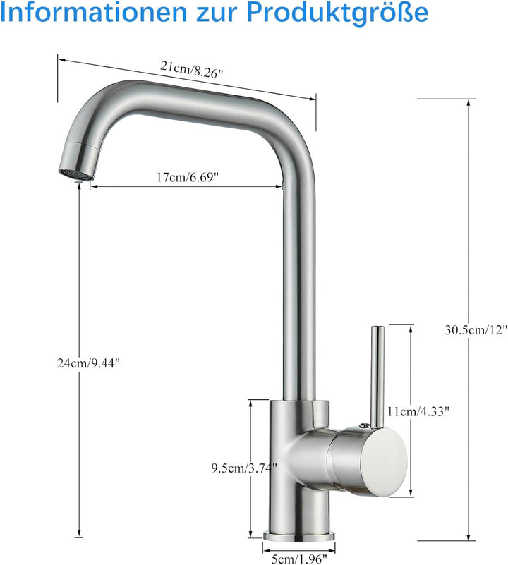 Niederdruck Wasserhahn Küche Armatur, Küchenarmatur mit 360°Drehbar, L Förmige Mischbatterie Küche S
