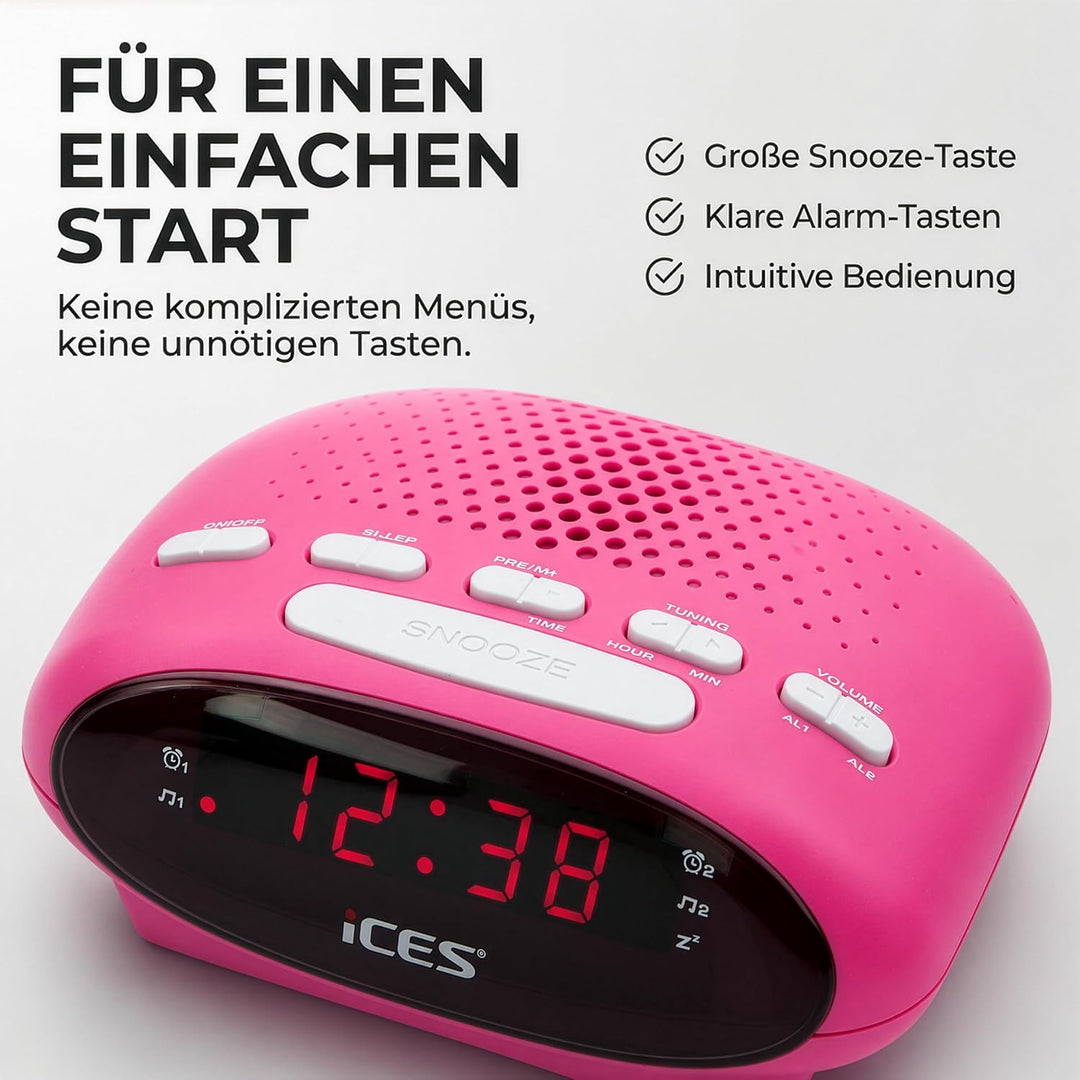 Ices ICR-210 Pink - FM Uhrenradio - Radiowecker mit 2 Weckzeiten - PLL FM - Schlummerfunktion - Slee