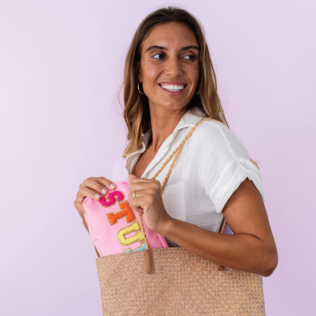 Fablinks Make-up-Tasche, Preppy mit Chenille-Buchstaben, Nylon mit Reissverschluss, für Hautpflege,