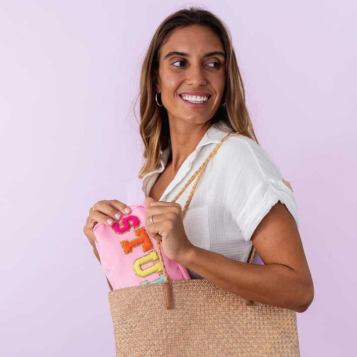 Fablinks Make-up-Tasche, Preppy mit Chenille-Buchstaben, Nylon mit Reissverschluss, für Hautpflege,