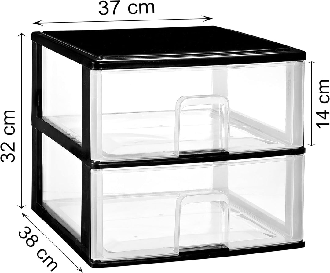 Schubladenbox mit 2 grossen Schubladen 38x37x32 cm - schwarz-transparent Kunststoff Drawer Tower Box