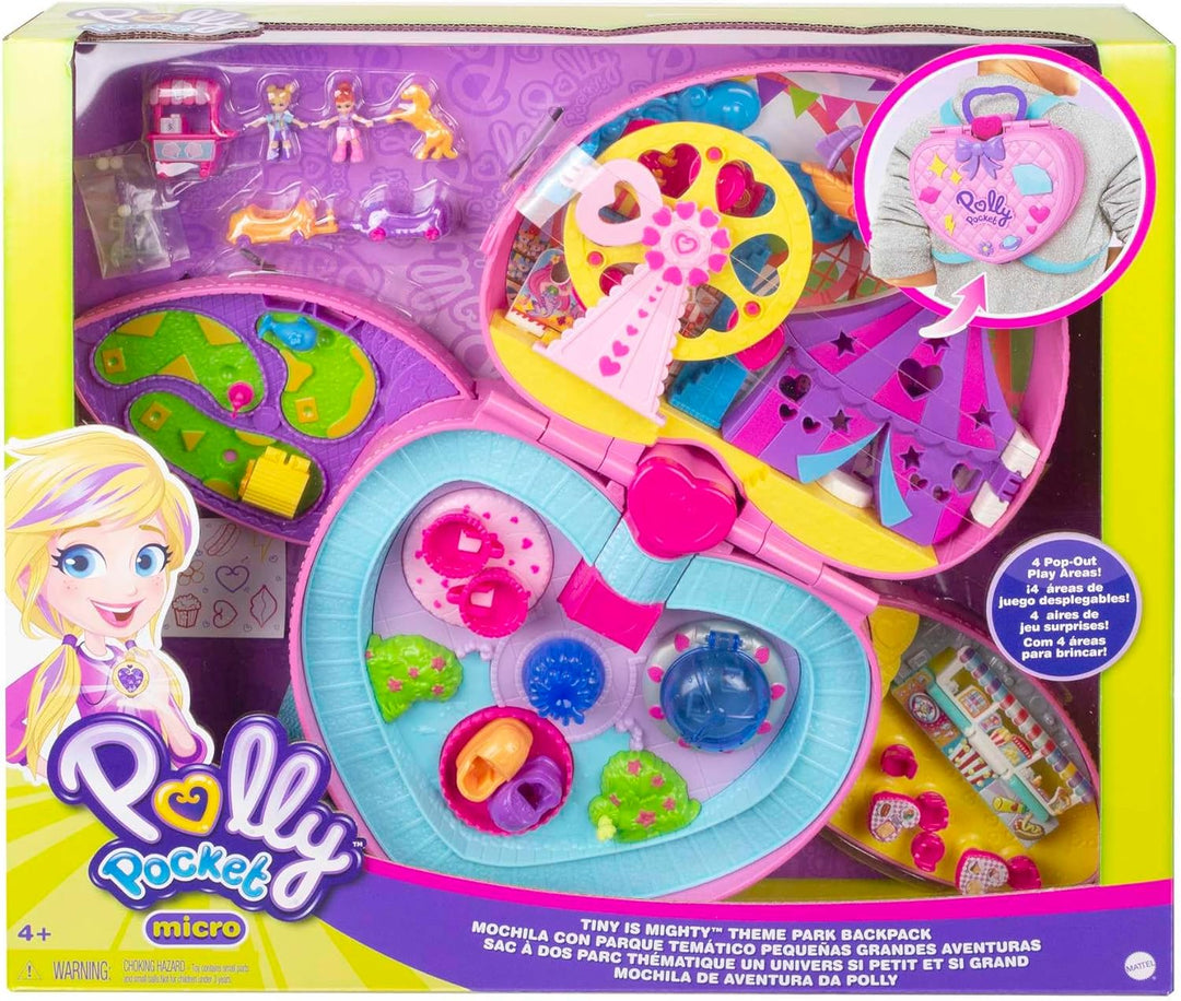 Polly Pocket, Freizeitpark Rucksack, mit verstellbaren Trägern, 2 kleinen Puppen, einem Eiswagen und
