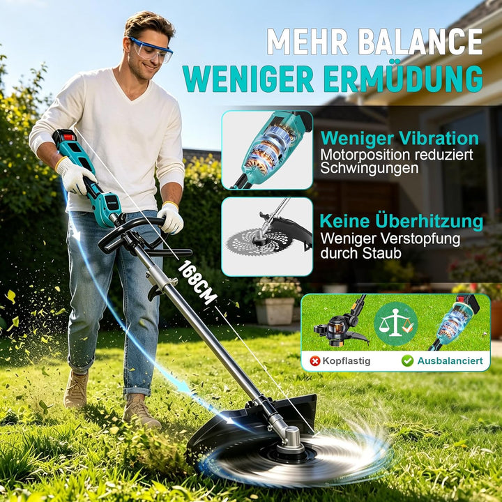 Akku Rasentrimmer mit 2 x 4.0Ah Batterien, 4-in-1 Elektrischer Akku Motorsense &amp; Rasentrimmer Rasen,