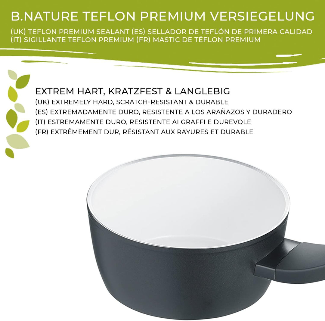 Berndes Topf Balance b.nature 16 cm, Stieltopf mit nachhaltiger Beschichtung aus Quarz, inkl. Glasde