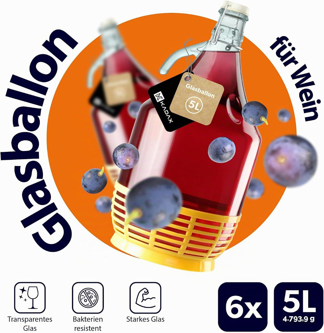 KADAX Weinballon 5L, Glasballon für Wein 6 stück, Weinfass aus glas, Gärballon, Fass für Wein aus Gl